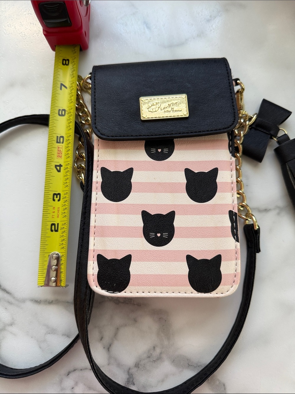 Betsey Johnson Black & Pink Cat Stripe Crossbody with Gold Plate
